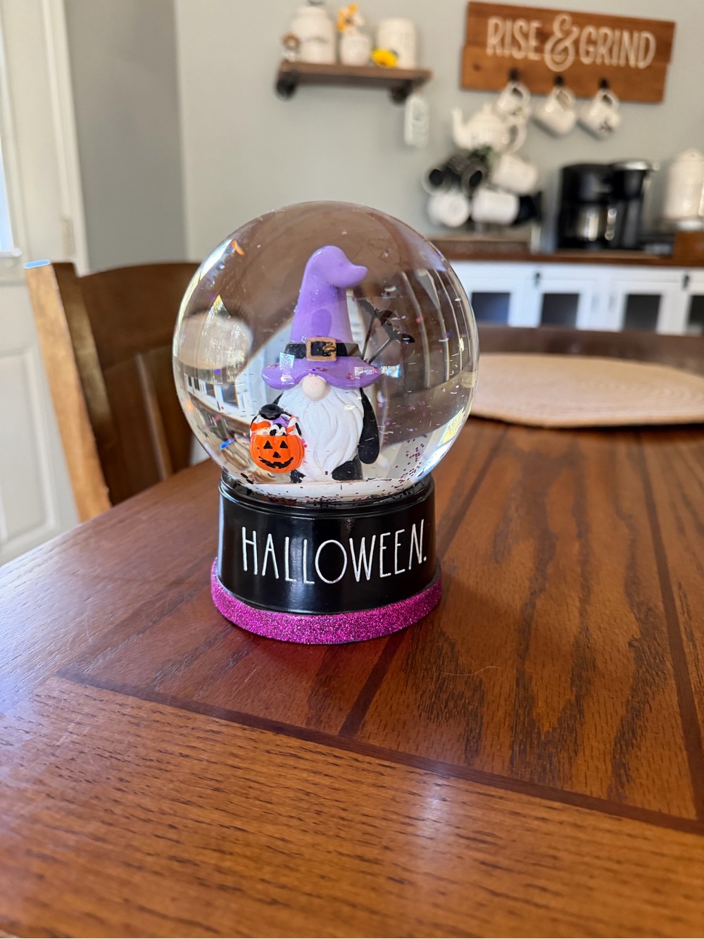 Rae Dunn Halloween Gnome Snow Globe with Purple Hat and Pink Base